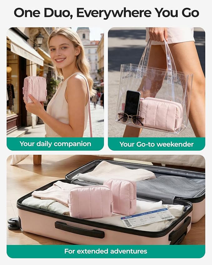 BAGSMART Makeup Bag Duo Set, Puffy Padded Travel Cosmetic Organizer with Slip-in Pockets, Large Toiletry Bag & Small Purse Pouch, Travel Essentials for Women, Chocolate