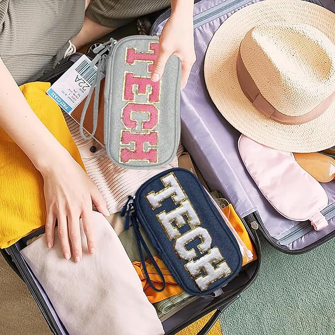 COSHAYSOO Small Electronics Organizer Bag with Chenille Letter Patch for Women Travel Gift, Cord Charger Cable Traveling Accessory Pouch Essential Supply Storage Case (Navy Blue)