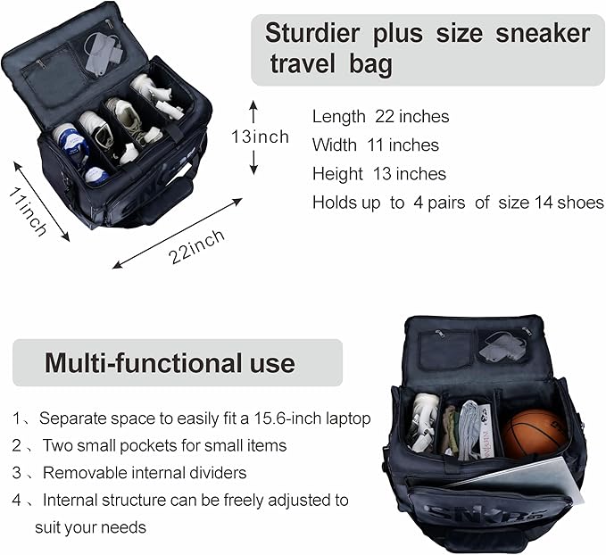 Shoe Bags for Travel Sneaker Travel Bag Shoes Duffel Bags Waterproof Gym Sports Luggage Sneakerhead Bag for Men with 3 Adjustable Dividers fit 4 Pairs Heavy Duty Travel Accessories(black)