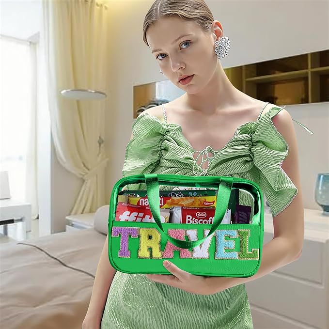 BuyCard Chenille Letter Patch Clear Travel Bags, Preppy PVC&Nylon Makeup Bag with Handle and Zipper, Waterproof Large Clear Travel Toiletry Bag Storage Bag for Women Girls