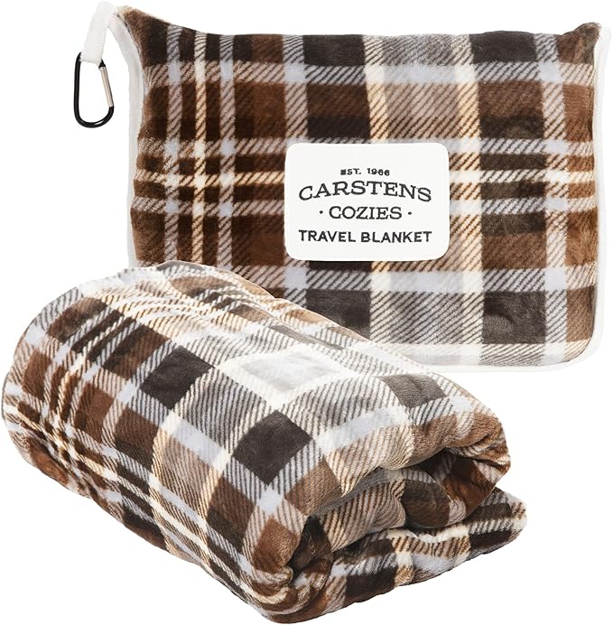 CARSTENS, INC. Travel Blanket, Premium Compact 2-in-1 Airplane Blanket/Pillow, Grey & Chestnut Plaid