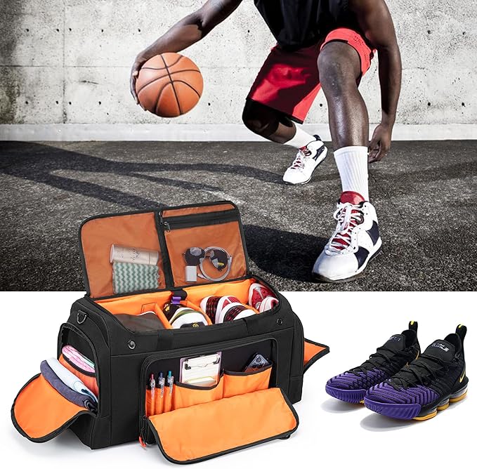 DSLEAF Tactical Sneaker Duffle Bag for 4 Pairs of Shoes, Sneaker Travel Bag with 3 Adjustable Dividers with Multiple Pockets, Detachable Shoulder and TSA Carry-on Approved Size