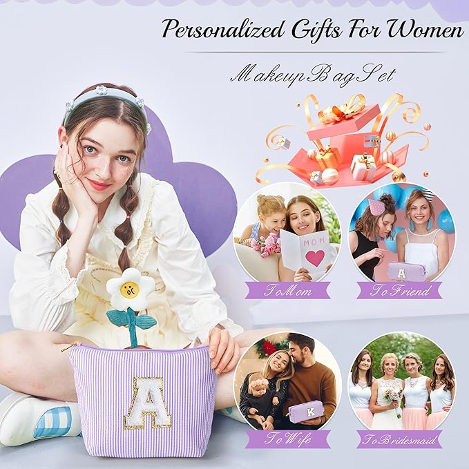 YOOLIFE Teacher Appreciation Gifts for Teacher Women Mothers Day Gifts for Mom Women | Initial Makeup Bag | Travel Cosmetic Toiletry Bag | 11 12 13 14 15 16 Years Old Girl Gift Teachers Gift Purple A