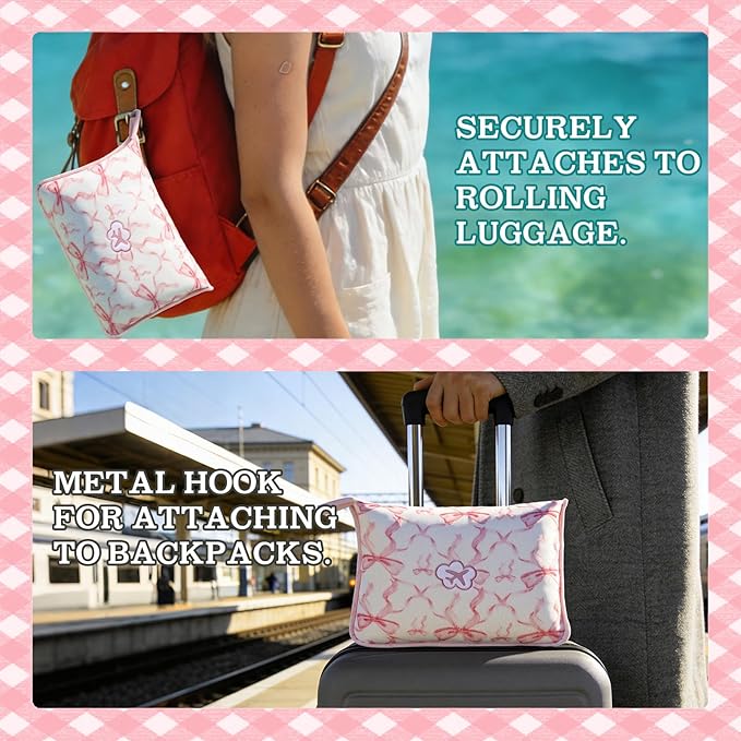 Gilprop Pink Bow Travel Blanket Airplane Compact with Bag 2 in 1 Soft Preppy Fleece Travel Blanket and Pillow Set with Luggage Sleeve Backpack Clip Compact Lightweight Airplane Essentials