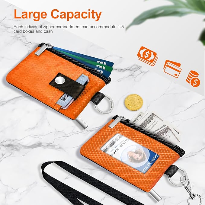 Minimalist RFID Blocking Small Wallet with ID Window,WaterResistant Zip Id Case Wallet with Lanyard Keychain for Cards,Cash,Travel,Women,Men (Orange)