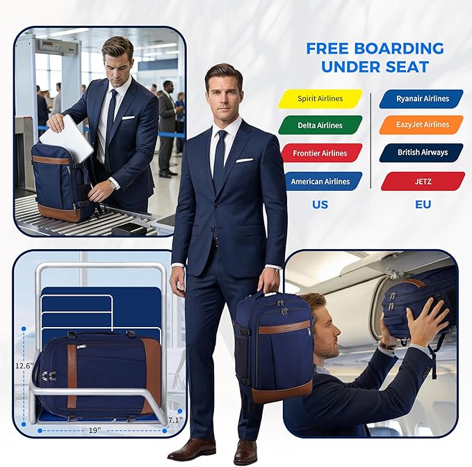 ECOHUB 17" Travel Backpack for Men United Airlines Personal Item Travel Bag TSA Friendly Business Computer Bag with USB Charging Port & Wet Compartment,Blue
