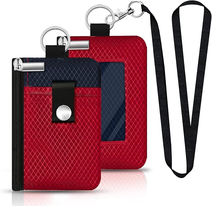 Minimalist RFID Blocking Small Wallet with ID Window,WaterResistant Zip Id Case Wallet with Lanyard Keychain for Cards,Cash,Travel,Women,Men (Red/Dark blue)