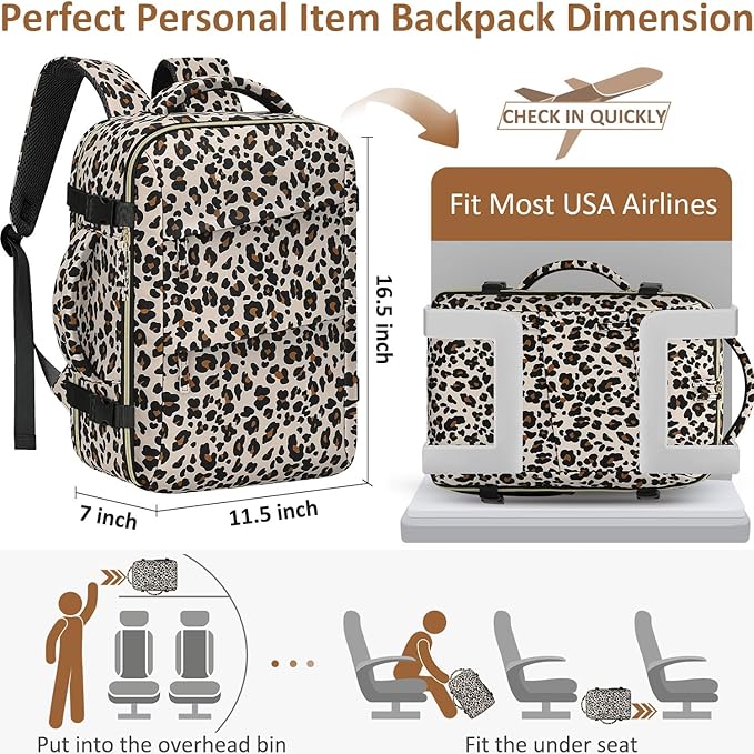 Tenot Carry on Backpack for Women TSA Approved 15.6 Inch Travel Laptop Backpack for Women Travel Essentials Foldable Womens Travel Backpack Suitcase Leopard Print