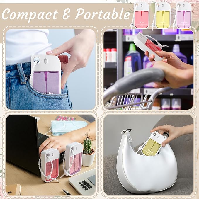 Set of 3 Power Mist Hydrating Hand Sanitizer Spray Bulk with Keychain Travel Size Refreshing Hand Sanitizer 1.35 Fl. oz Compact Card Spray Bottle Rose Lavender Vanilla Scent for Friends Gifts