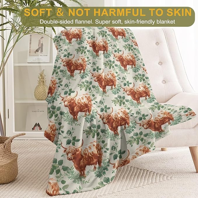 Highland Cow Flannel Blanket - Farm Animal Cattle and Greenery Throw - Lightweight Soft Cozy Gifts Blankets for Kids Adult,Modern Home Room Bedroom Rustic Country Decor 40x50in