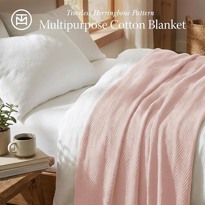 Threadmill Luxury Cotton Blankets for Twin Size Bed | All-Season 100% Cotton Twin Blanket for Bed | Herringbone Soft & Cozy Fall Thermal Blanket, 350GSM, 68x92 inches | English Rose