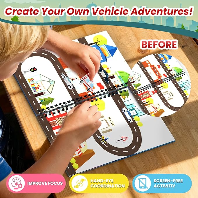 Cars Reusable Sticker Book for Toddlers, DIY Make-a-face Jelly Fun 3D Stickers, Washable Puffy Stickers for Kids Toys, Airplane Road Trip Travel Activities Essentials for Kids 3 4 5 Years