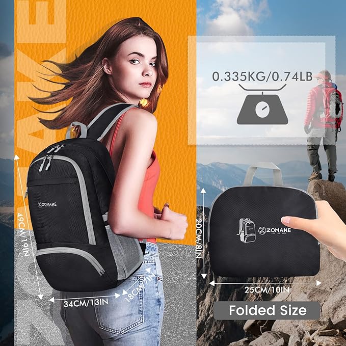 ZOMAKE Lightweight Packable Backpack 30L, Foldable Hiking Backpacks Water Resistant Compact Folding Daypack for Travel(Black)