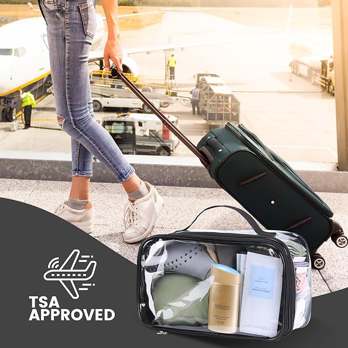 BORMELUN Large Clear travel bags for toiletries pouches carry on reusable,purse see-through plastic pvc TSA airport approved with handle (Black)