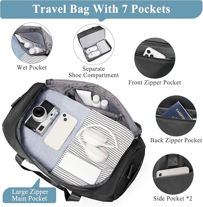 Extra Large Travel Duffle Bag,Carry on Overnight Bag with Shoes Compartment,Weekender Bags for Women for Travel Business Trips Sport Hospital,3 Pcs Set,Black