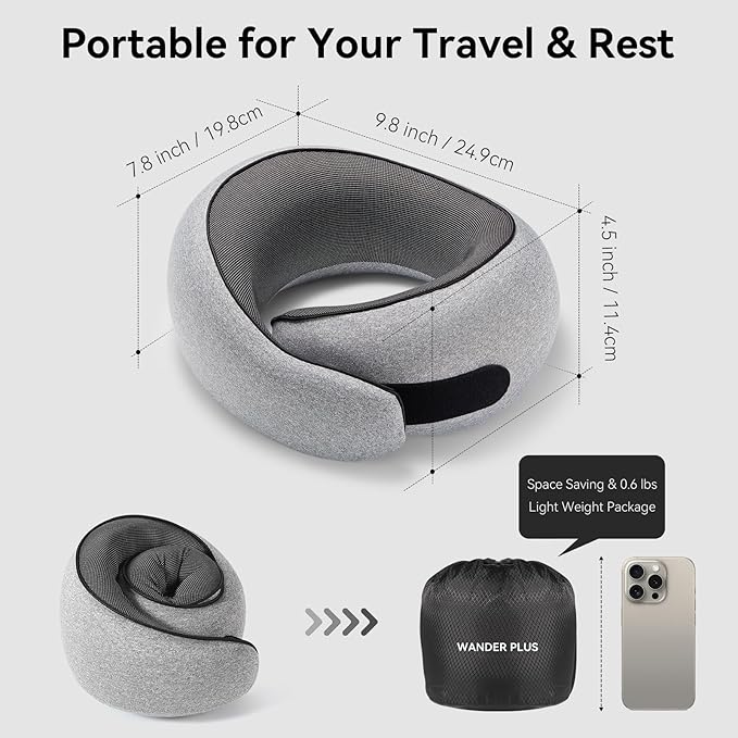 WANDER PLUS® Travel Pillow, 100% Pure Memory Foam Travel Neck Pillow Airplane Neck Support Ergonomic Design Best for Sleeping Plane Car Train Office Flight for Adults Ash Gray