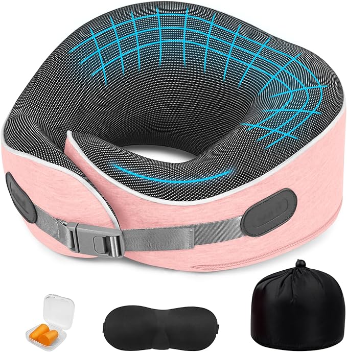 Travel Pillows for Airplanes Ergonomic Memory Foam Neck Pillow for Travel - 360° Head & Neck Support for Sleeping on Flights, Cars, Trains & Office (Pink-1)