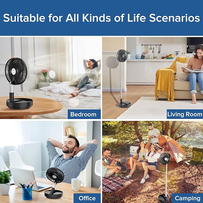 Belife X8 Portable Fan, 7200mAh Battery Powered Rechargeable, Oscillating USB Desk Floor Fan with Remote, Foldable Telescopic Fan for Home Bedroom Sleeping Office Camping Travel, 7.7" (Black)
