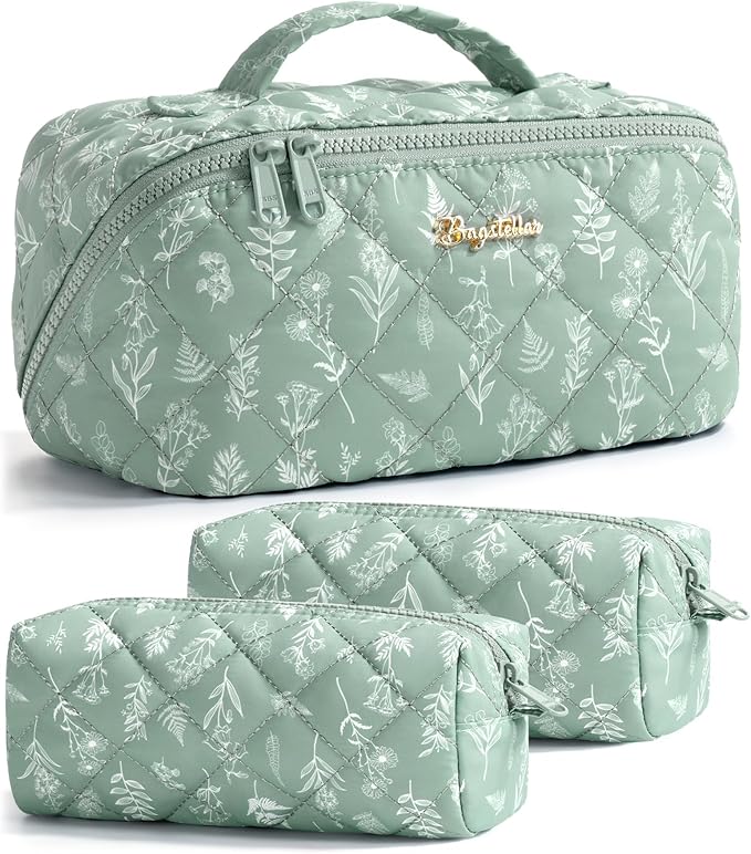 Travel Makeup Bag, 3 Pcs Large Capacity Puffy Toiletry Bag for Women, Open Flat Make up Cosmetic Organizer w/Handle & Clear Divider Water-resistant Portable Pouch Travel Essentials, M-Green Floral