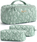 Travel Makeup Bag, 3 Pcs Large Capacity Puffy Toiletry Bag for Women, Open Flat Make up Cosmetic Organizer w/Handle & Clear Divider Water-resistant Portable Pouch Travel Essentials, M-Green Floral