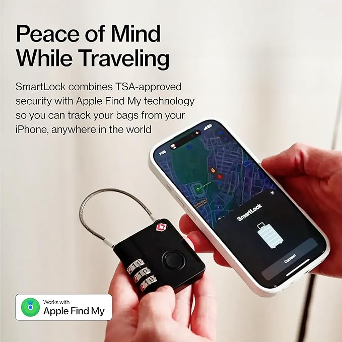 KeySmart SmartLock Tracking Luggage Locks, TSA Locks for Luggage, GPS Tracker, Combination Lock Compatible with Apple Find My App, Best Travel Essentials, Replaceable Non-Rechargeable Battery (3 Pack)