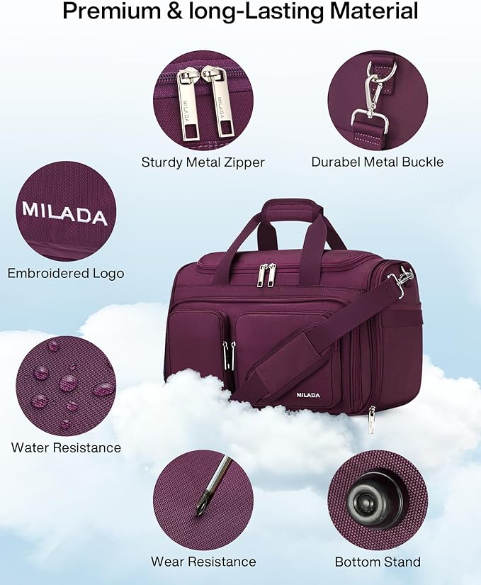 MILADA Underseat Carry On Luggage Bags for Travel Lightweight Foldable Carry On Bags for Airplanes Small Duffle Bag for Men Women TSA Approved Underseat Bag Travel Tote Bags, Purple