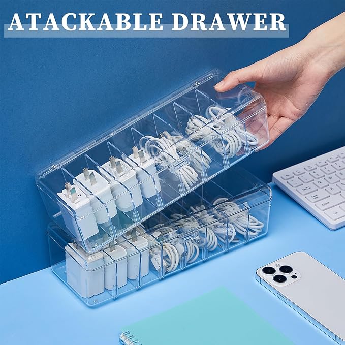 Tatuo 2 Pcs Cable Organizer Box with 20 Wire Ties and 2 Sort Stickers, Clear Plastic Cord Storage Box with Lid for Home Office Desk Organizers and Accessories