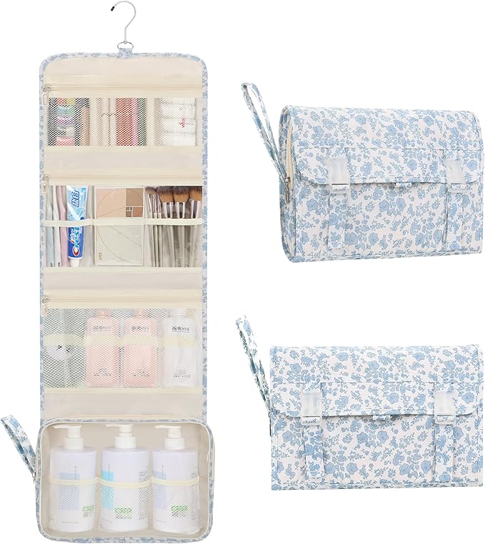 Relavel Travel Toiletry Bag with Hanging Hook, Floral Hanging Toiletries Bag for Women, Large Capacity Makeup Cosmetic Storage Organizer for Full Sized Container, Accessories - Blue Flower