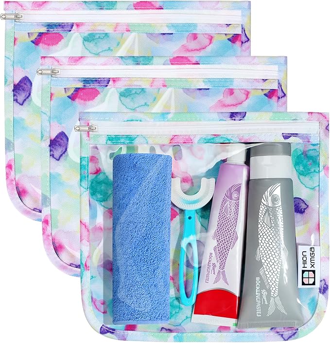 HIONXMGA TSA Approved Toiletry Bag, Set of 3 Clear Travel Toiletry Bag Quart Size Zipper Travel Pouch, Waterproof Makeup Cosmetic Bag for Women Men Kids Toiletries Carry on, Watercolor Large