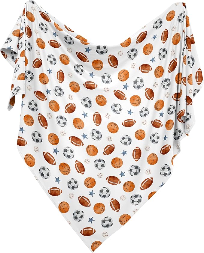 Sweet Jojo Designs Sports Theme Boy Baby Swaddle Blanket Infant Newborn Lightweight Jersey Stretchy Receiving Security Stroller Cover Watercolor Vintage Sport Themed Soccer Football Baseball Blue Star