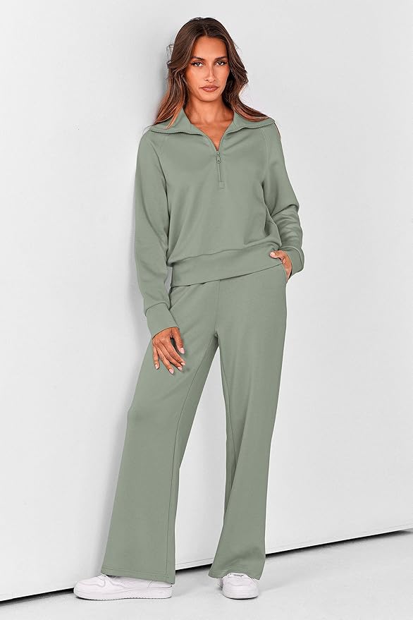 PRETTYGARDEN Women's 2 Piece Outfits Casual Lapel Half Zip Sweatshirts and Wide Leg Pants Tracksuit Sets