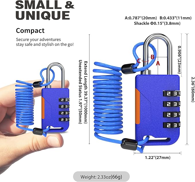 Ski Lock, Combo Lock with Retractable Cable (36in), Padlock Combination with Cable for Snowboard, Bike, Luggage, Suitcase, Locker, Fridge, Refrigerator, Cabinet, Outdoor Fence (Blue)