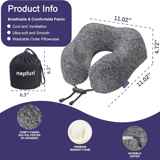 napfun Neck Pillow for Traveling, Upgraded Travel Neck Pillow for Airplane 100% Pure Memory Foam Travel Pillow for Flight Headrest Sleep, Portable Plane Accessories, Full Grey