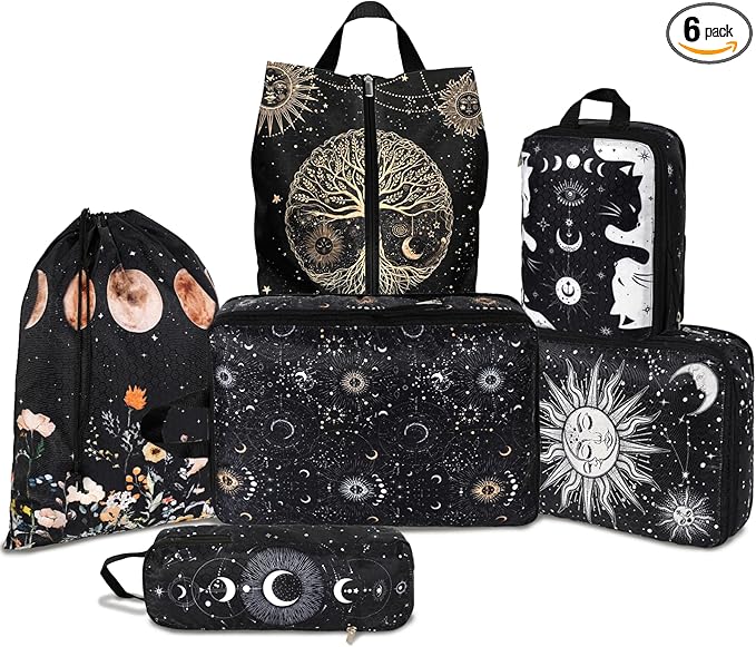 6 Pcs Compression Packing Cubes Waterproof Suitcase Travel Bag Luggage Backpack Organizer Travel Cubes for Packing-Gothic Style
