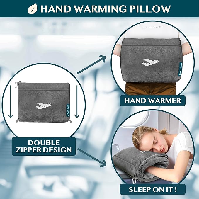 PAVILIA Travel Blanket Pillow, Airplane Blanket Set in Soft Bag with Pockets, Plane Blanket Compact Packable, Flight Essentials Car Pillow, Travelers Accessories Gifts, Luggage Strap, Gray