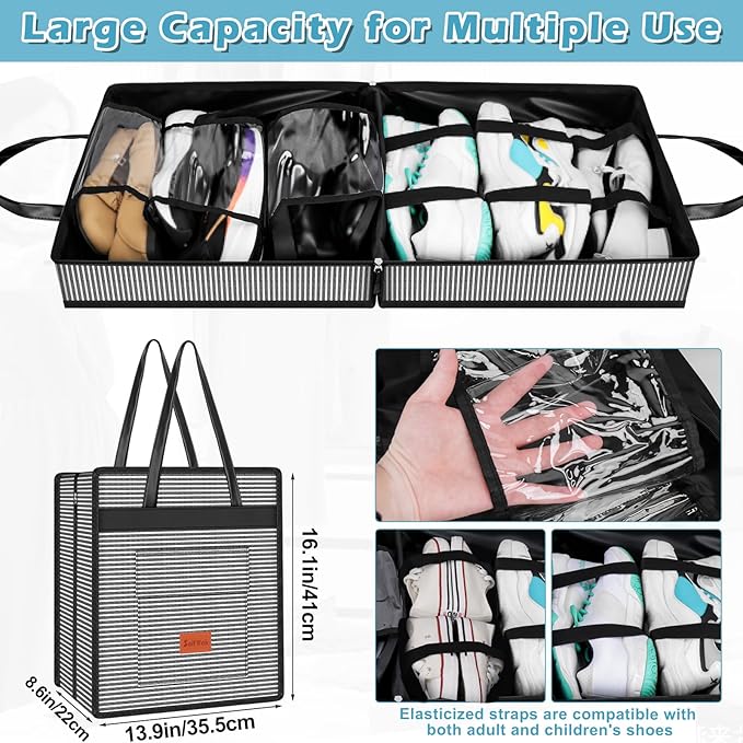 SelfTek Shoe Bags for Travel with Handle, Waterproof Large-Capacity Family Travel Shoe Bag Organizer for Multiple Shoes, Shoe Travel Bags for Packing, Suitable for Luggage Handle (Streifen)