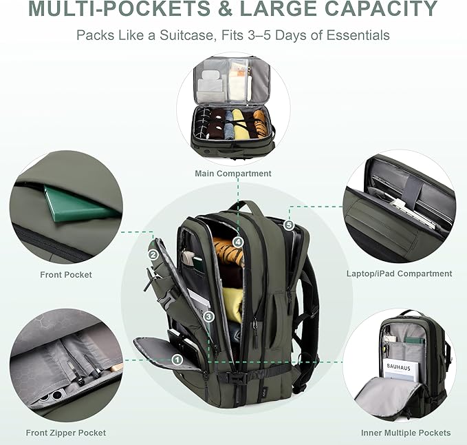 BAGOK Carry On Travel Backpack, 35L-40L Expandable Extra Large Airline Approved,Lightweight Daypack for Men and Women（Green）