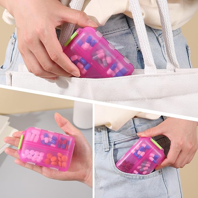 1Pack Travel Pill Organizer - 10 Compartments Pill Case, Compact and Portable Pill Box, Perfect for On-The-Go Storage, Pill Holder for Purse (Pink with 156 Stickers)