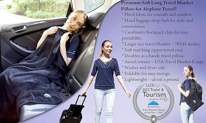 BlueHills Soft Long Travel Blankets 70X48 inches Large Plush Value Pack Set of 2 - Premium Airplane Travel Essential Flight Blanket Throw in a case Compact Plane Travel Gift – Navy Blue and Black