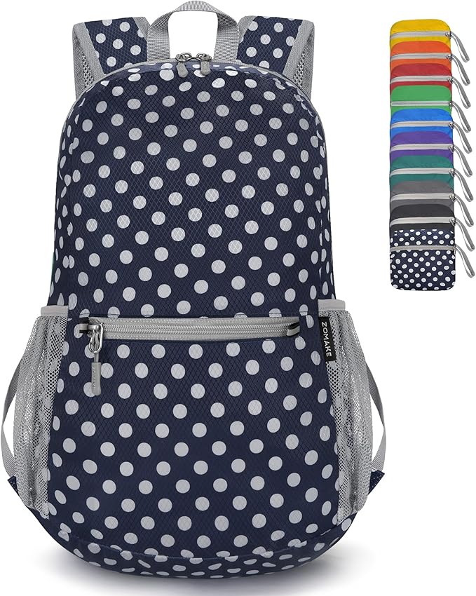 ZOMAKE Ultra Lightweight Hiking Backpack 20L, Packable Small Backpacks Water Resistant Daypack for Women Men(Navy Blue,White polka dots)