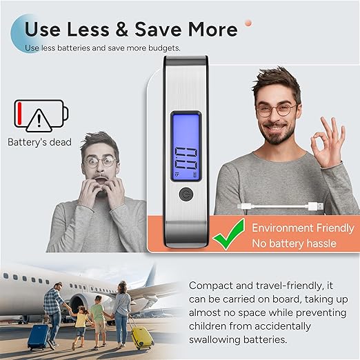 travel inspira Rechargeable Luggage Scale 110lb/50kg - Large Backlit Display - Stainless Steel - Portable Digital Hanging Scale for Suitcases, Bags, Packages (USB -C Charging Included)