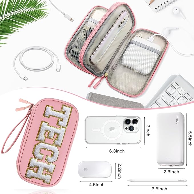 COSHAYSOO Personalized Electronics Travel Organizer Cable Management Case Phone Charger Charging Cords Tech Accessories Pouch, Unique Trip Gifts for Women Traveler College Teen Girls Vacation Pink