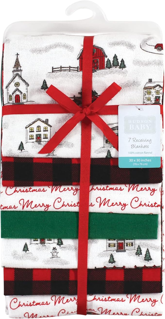 Hudson Baby Unisex Baby Cotton Flannel Receiving Blankets Bundle, Christmas Scene, One Size