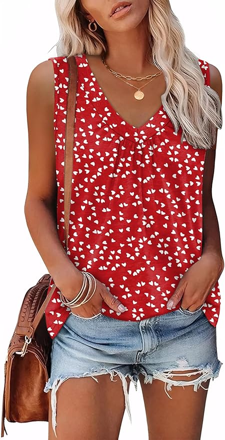OFEEFAN Tank Top for Women Loose Fit Sleeveless Shirts V Neck Summer Clothes Ruched Women's Tees and Tanks Curved Hem