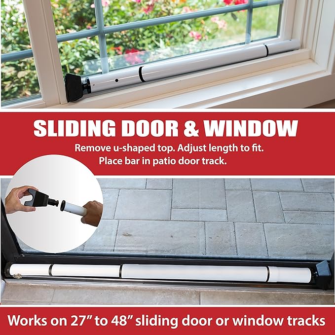 Dual Security Bar, 1-Set Adjustable-Length Portable Strong Door Bar for Hinged and Sliding Patio Doors & Windows, Home Travel Security, Extends 28 in. to 45 in., White