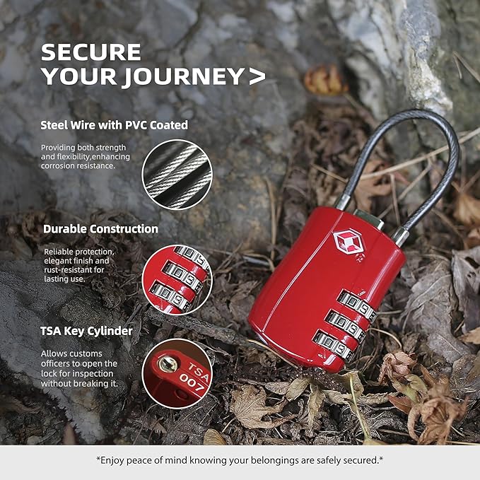 TSA Locks for Luggage, Small Padlock Combination with Cable, Luggage Locks TSA Approved, Combo Padlock with Code, for Travel Suitcase, Gym Locker, Gun Case, Backpack Zipper (Black+Red)