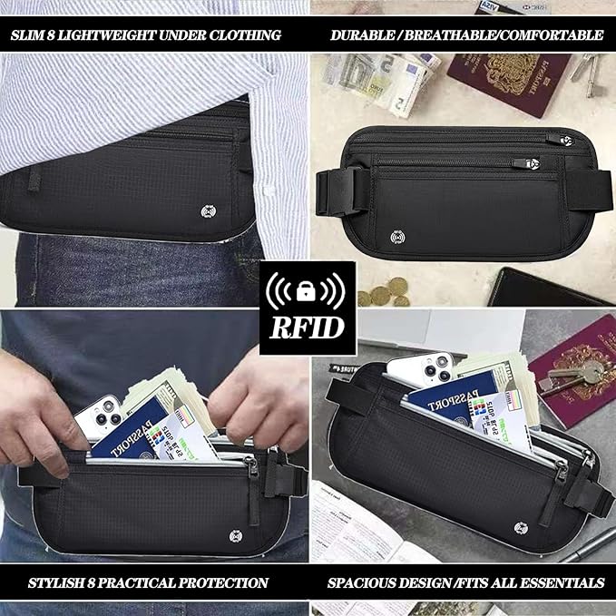 Black Hidden Money Belt for Travel for Men, Waist Wallet Anti Theft, RFID Passport Holder For Travel Men Or Women, Money Pouch, RFID Passport Holder(Black1)