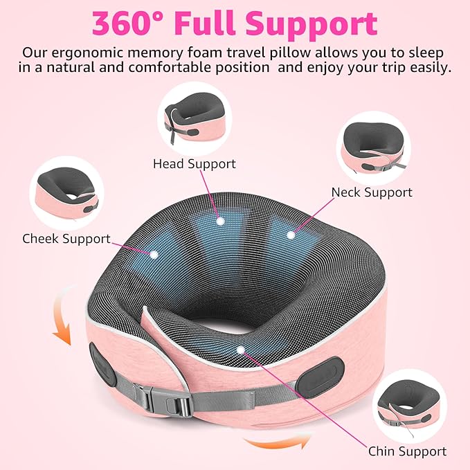 Travel Pillows for Airplanes Ergonomic Memory Foam Neck Pillow for Travel - 360° Head & Neck Support for Sleeping on Flights, Cars, Trains & Office (Pink-1)