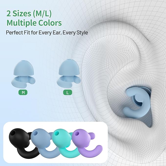 Noise Cancelling Ear Plugs for Sleep, Small Ear Fit - No-Pain for Side Sleepers, 33dB NRR Reusable Silicone One-Piece Design, 2 Sizes for Adults & Kids, Portable Case (Blue, 2 Pair)