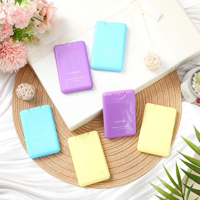 Set of 3 Power Mist Hydrating Hand Sanitizer Spray Bulk Travel Size Effective Hand Sanitizer 0.67 Fl. oz Compact Card Spray Bottle Lavender Vanilla Rainwater Scent for Friend Family Teacher